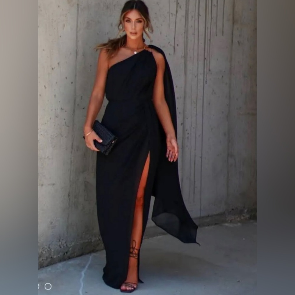 One Shoulder High Slit Maxi Dress - Black